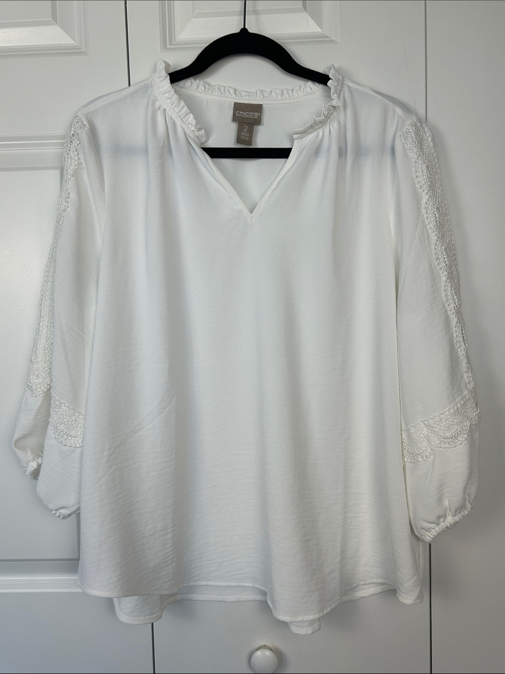 Chico's White Ruffled Split-Neck Blouse - Picture 2 of 7